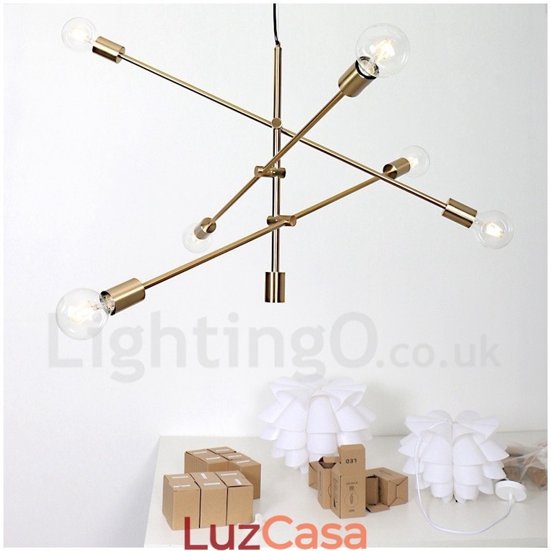 Lustre de cobre com 6 luzes e abajur de vidro