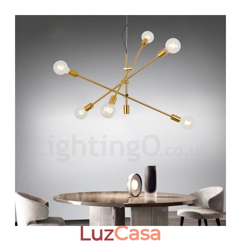 Lustre de cobre com 6 luzes e abajur de vidro