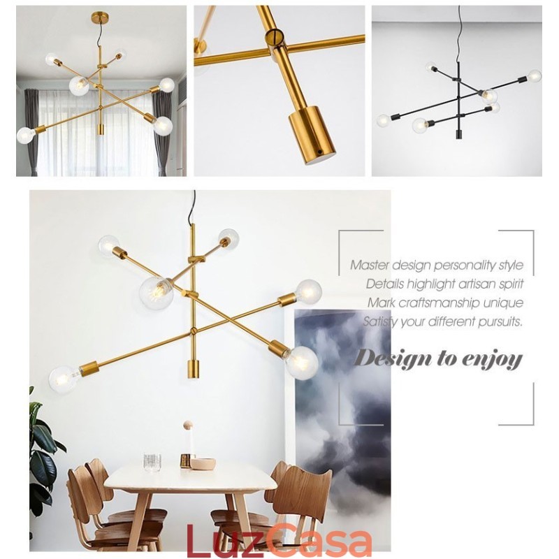 Lustre de cobre com 6 luzes e abajur de vidro
