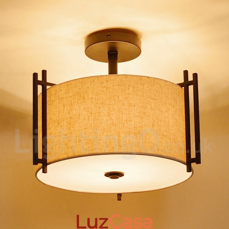 Luminária pendente rústica de tambor de metal com cúpula de tecido