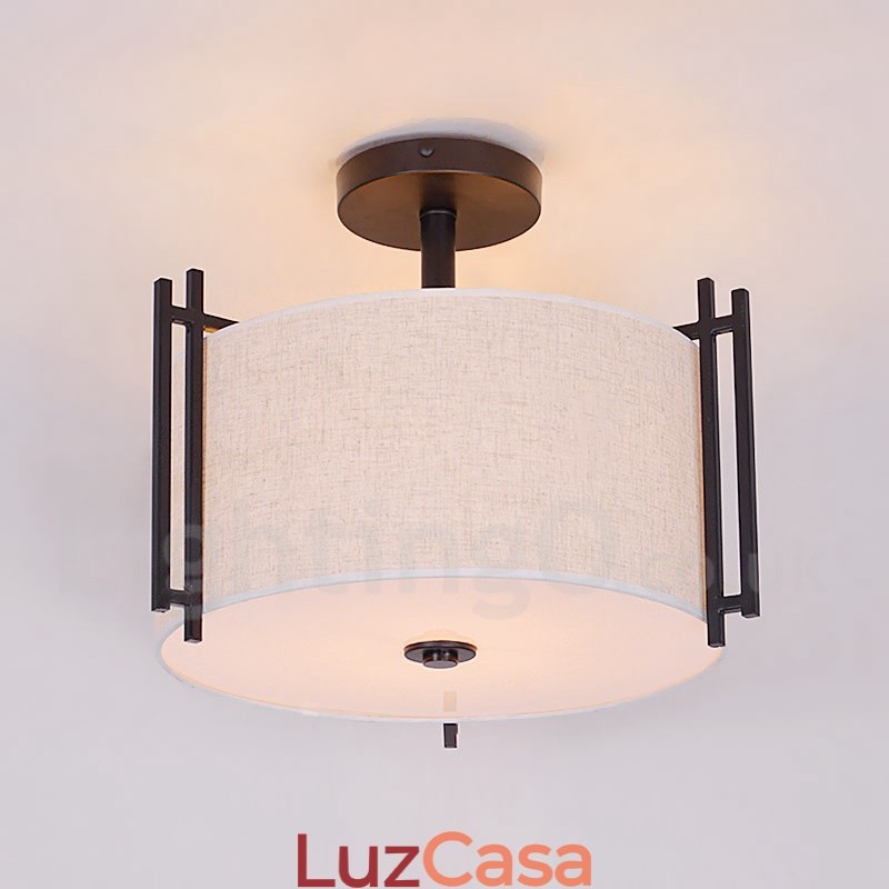 Luminária pendente rústica de tambor de metal com cúpula de tecido