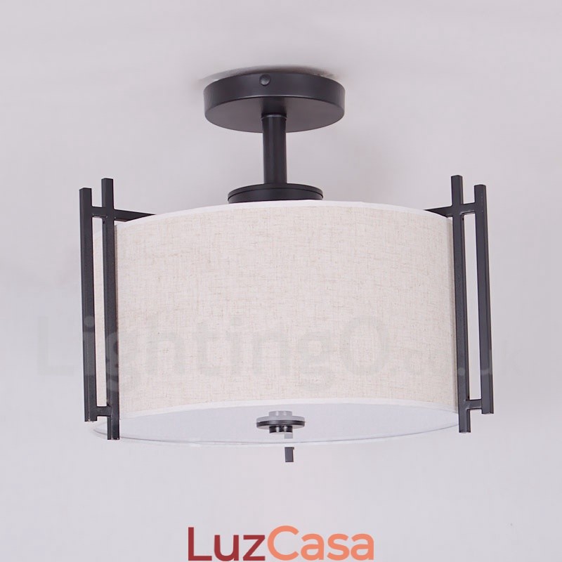Luminária pendente rústica de tambor de metal com cúpula de tecido