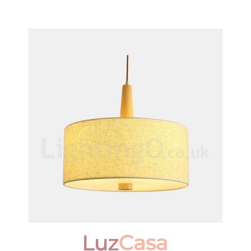 Luminária pendente de tambor contemporânea moderna de madeira com cúpula de tecido
