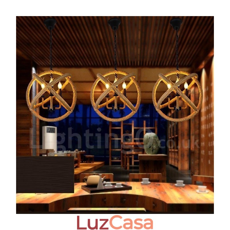 Luz pendente vintage de 3 luzes de corda de cânhamo country