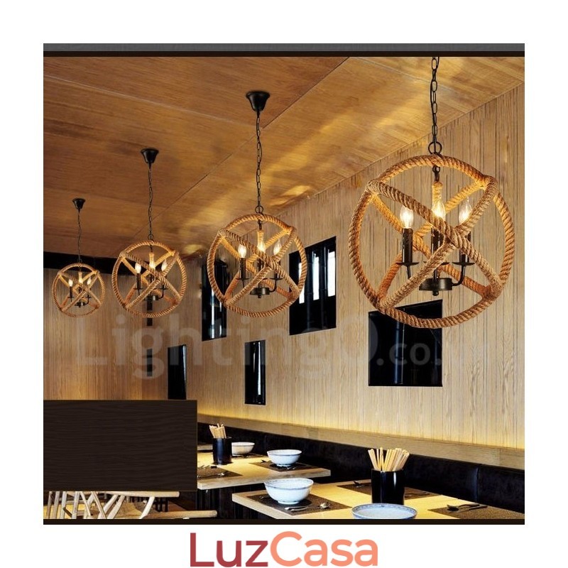 Luz pendente vintage de 3 luzes de corda de cânhamo country