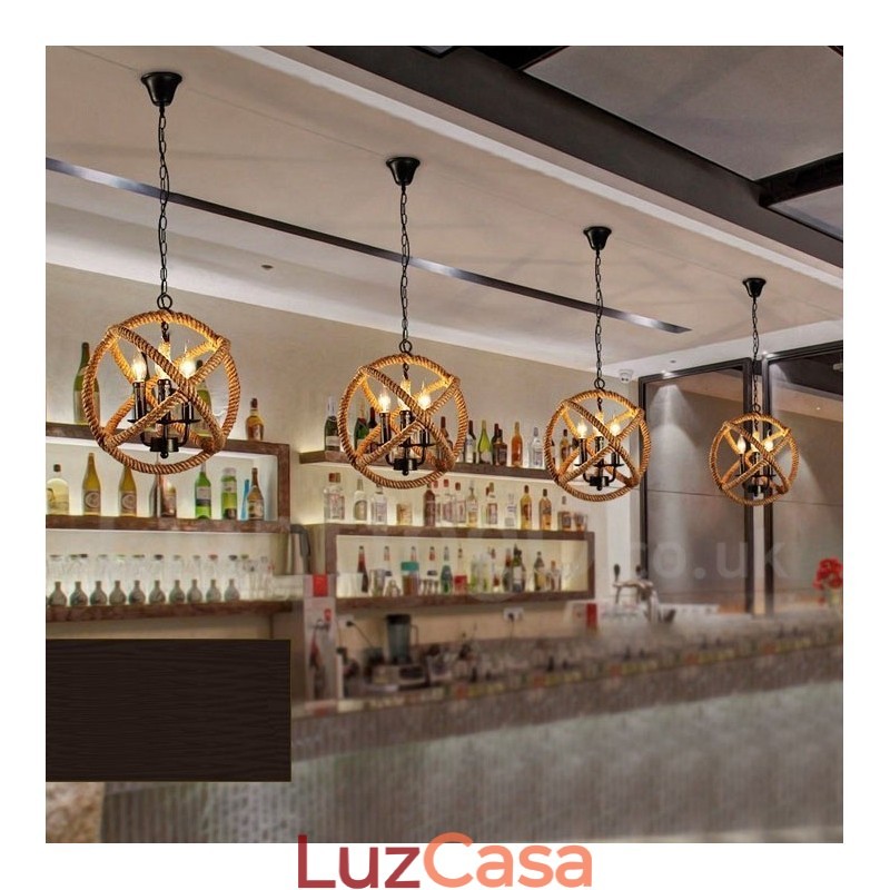 Luz pendente vintage de 3 luzes de corda de cânhamo country