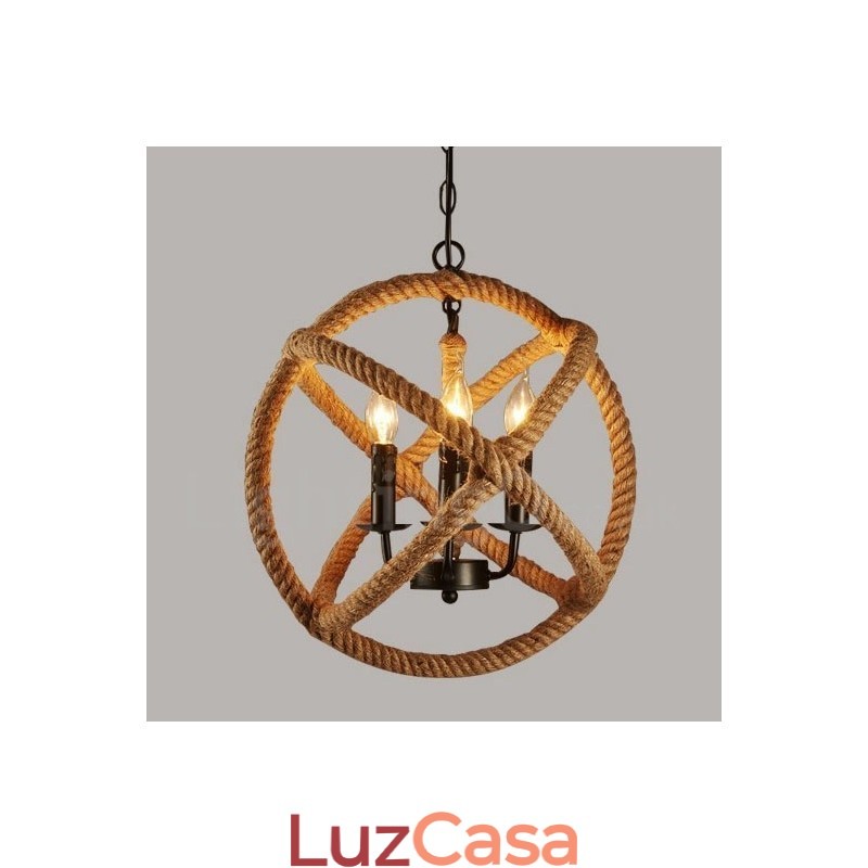 Luz pendente vintage de 3 luzes de corda de cânhamo country