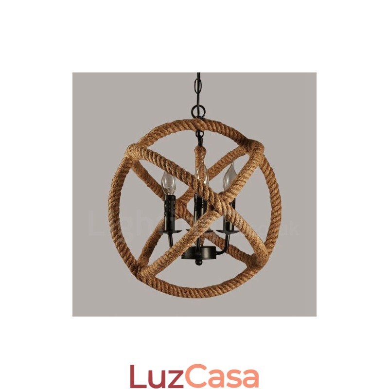 Luz pendente vintage de 3 luzes de corda de cânhamo country
