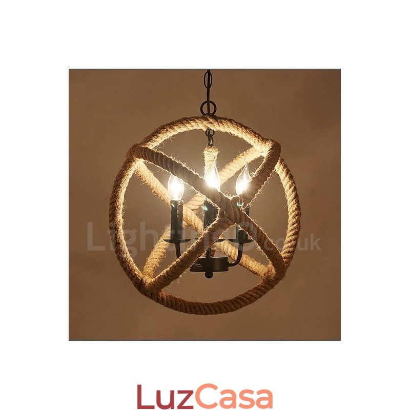 Luz pendente vintage de 3 luzes de corda de cânhamo country