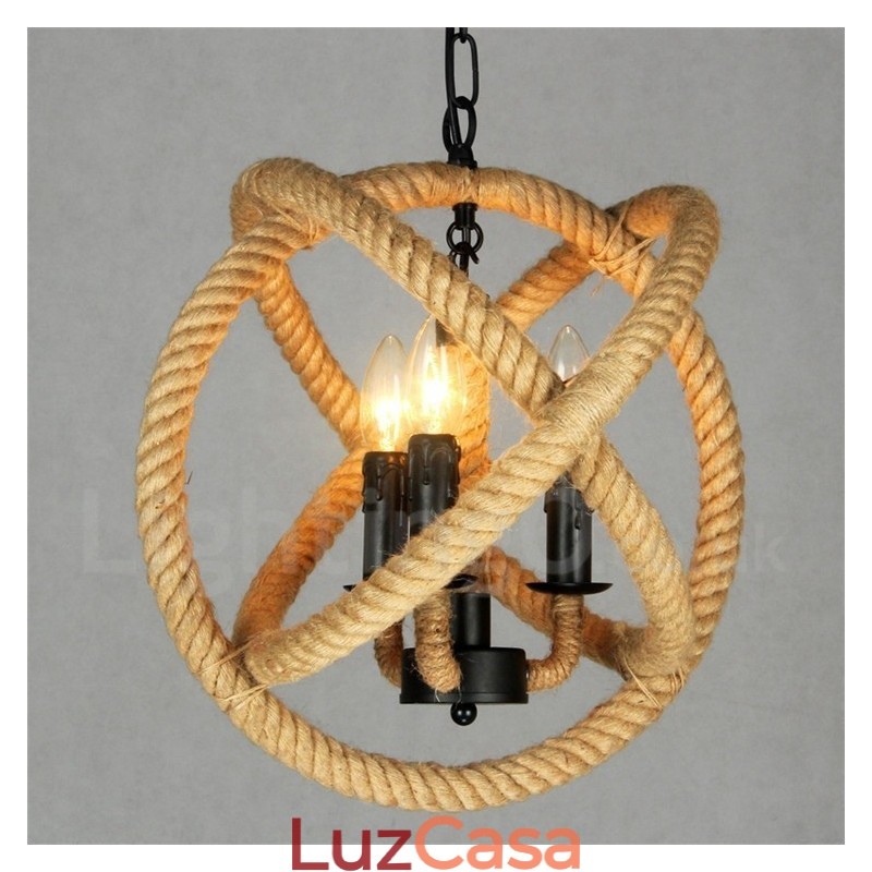 Luz pendente vintage de 3 luzes de corda de cânhamo country