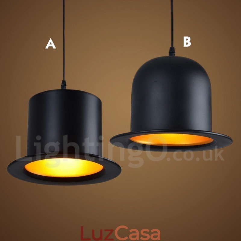 Forma de chapéu de metal preto 1 luz retro vintage pingente luz