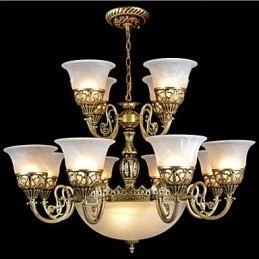 Lustre de Bronze Quinze Luzes Vidro Moiré Europeu Retro Clássico