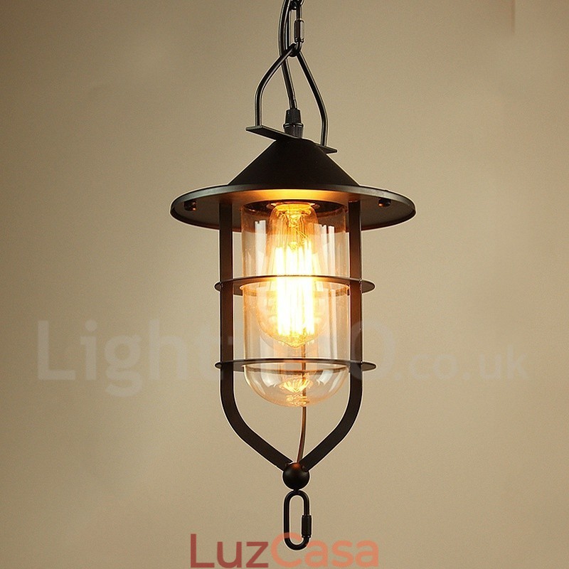 Luminária pendente de metal vintage com cúpula de vidro