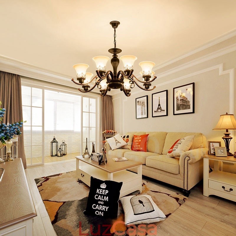 Lustre de metal integrado rústico de 8 luzes