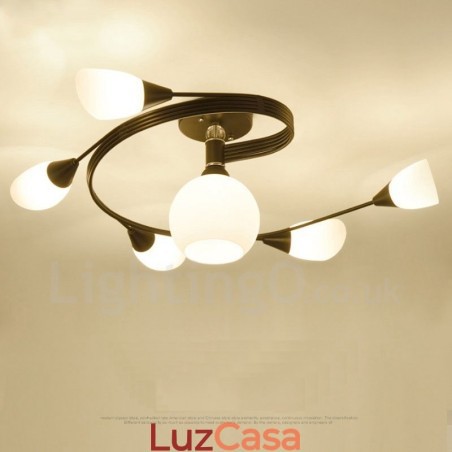 Lustre integrado rústico de 6 luzes com cúpula de vidro