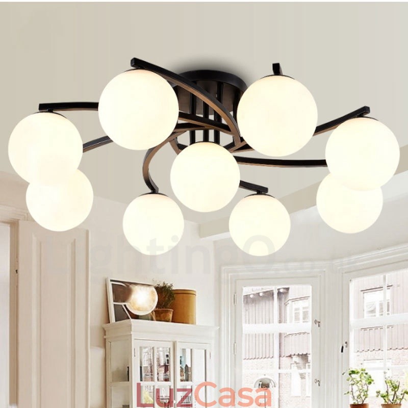 Lustre integrado rústico de 9 luzes com cúpula de vidro