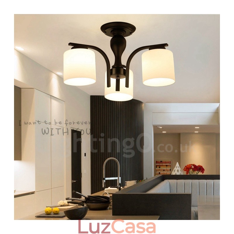 Lustre de metal integrado com 3 luzes e cúpula de vidro