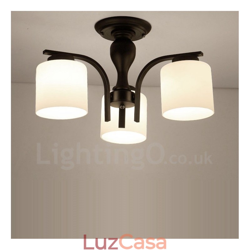 Lustre de metal integrado com 3 luzes e cúpula de vidro