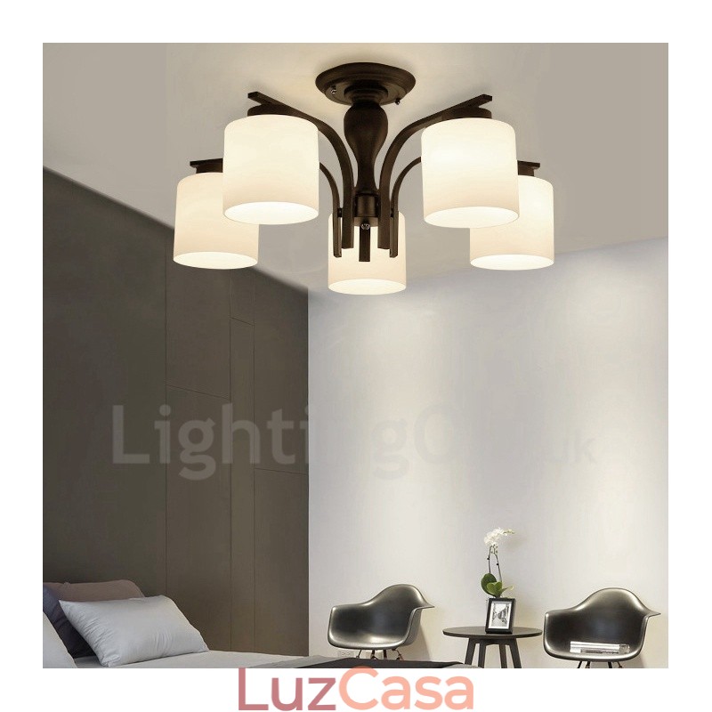 Lustre de metal integrado Country de 5 luzes com cúpula de vidro