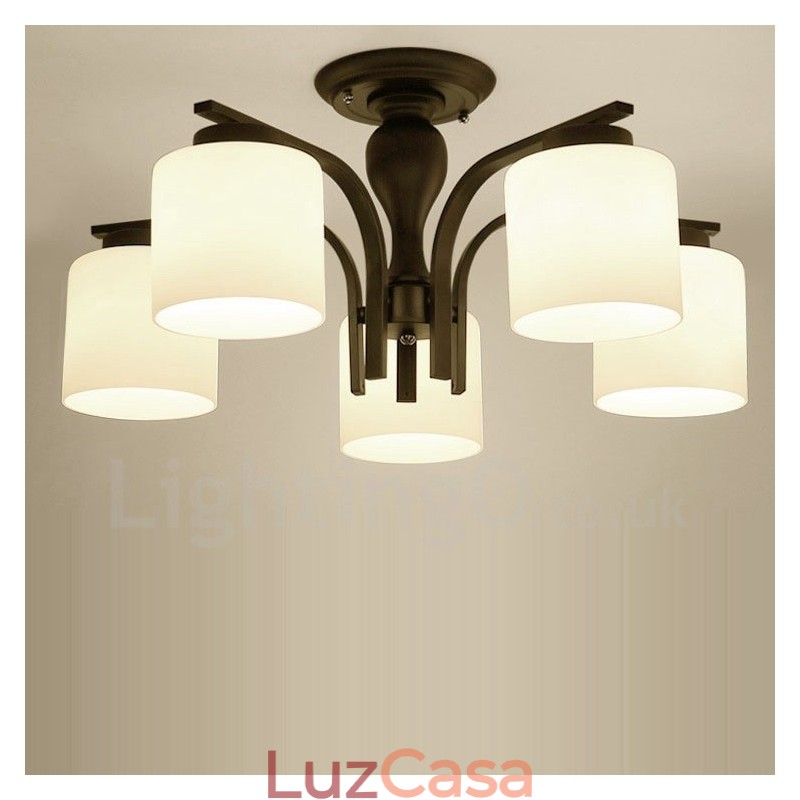 Lustre de metal integrado Country de 5 luzes com cúpula de vidro
