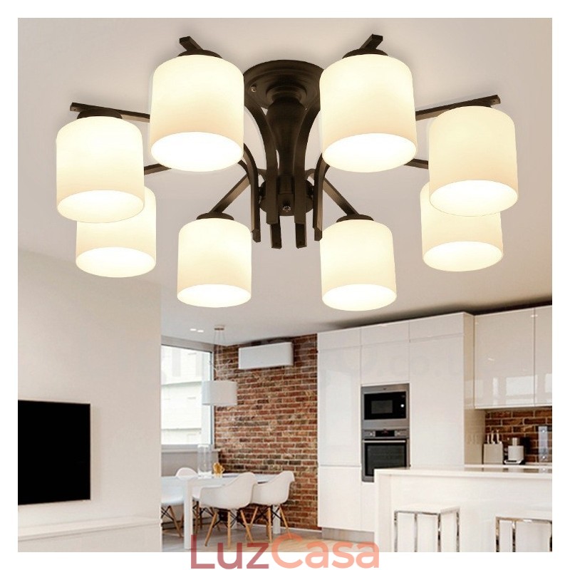 Lustre de metal integrado Country de 8 luzes com cúpula de vidro