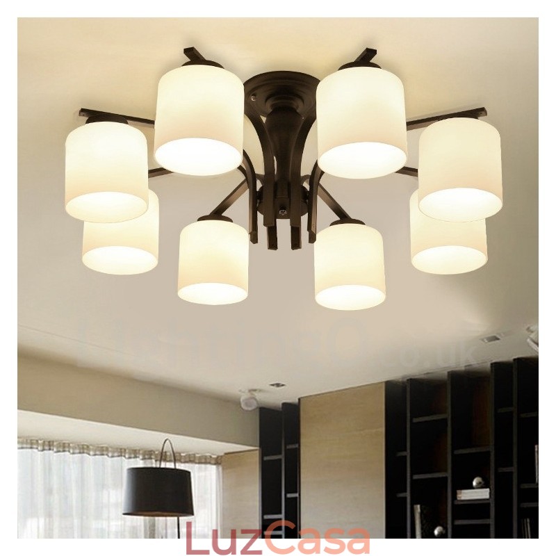 Lustre de metal integrado Country de 8 luzes com cúpula de vidro