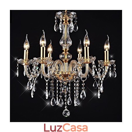 Lustre 6 Luzes Dourado Vintage em Cristal Feature Lustre 6 Luzes Dourado Vintage em Cristal Feature