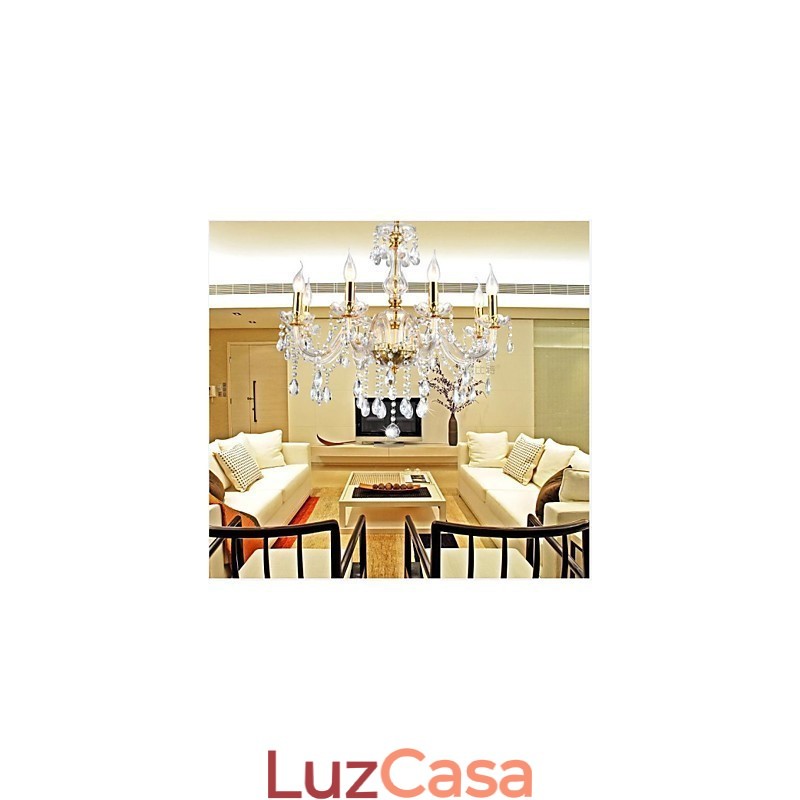 Lustre 6 Luzes Dourado Vintage em Cristal Feature