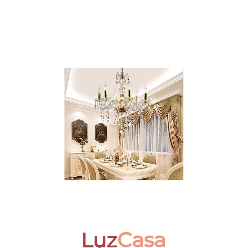 Lustre 6 Luzes Dourado Vintage em Cristal Feature