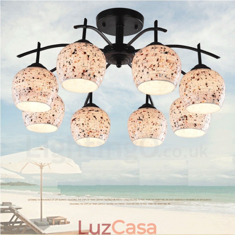 Lustre integrado estilo mediterrâneo de 8 luzes com cúpula de vidro