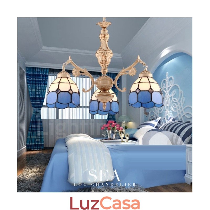 Lustre de metal integrado estilo mediterrâneo de 3 luzes com cúpula de vidro