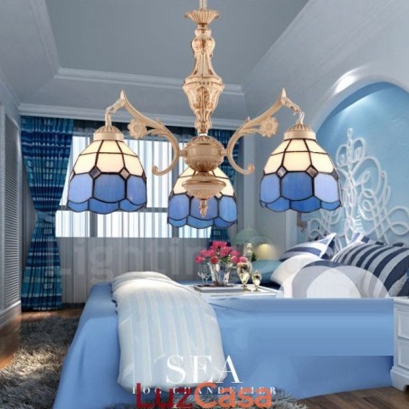 Lustre de metal integrado estilo mediterrâneo de 3 luzes com cúpula de vidro Lustre de metal integrado estilo mediterrâneo de 3 luzes com cúpula de vidro