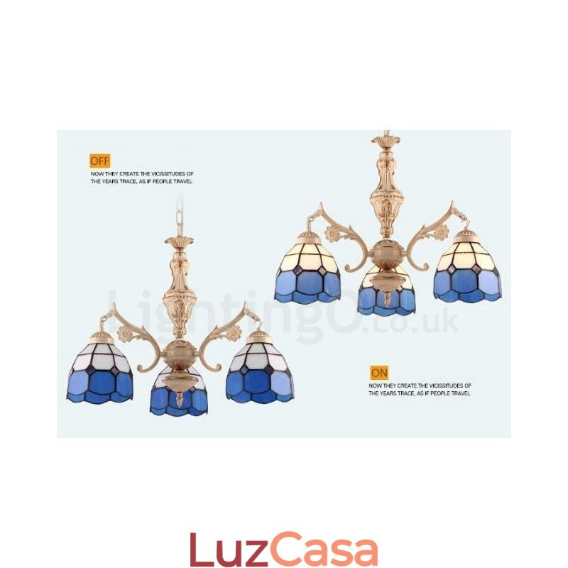 Lustre de metal integrado estilo mediterrâneo de 3 luzes com cúpula de vidro