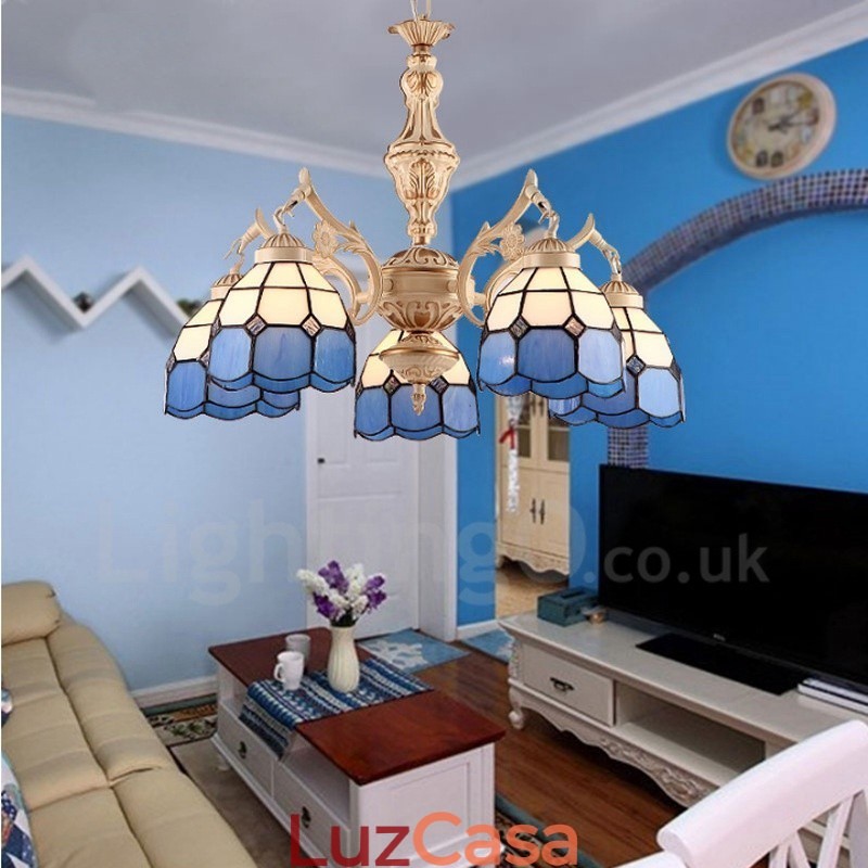 Lustre de metal integrado estilo mediterrâneo de 5 luzes com cúpula de vidro