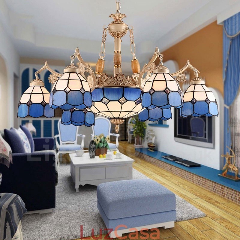 Lustre de metal integrado estilo mediterrâneo de 9 luzes com cúpula de vidro