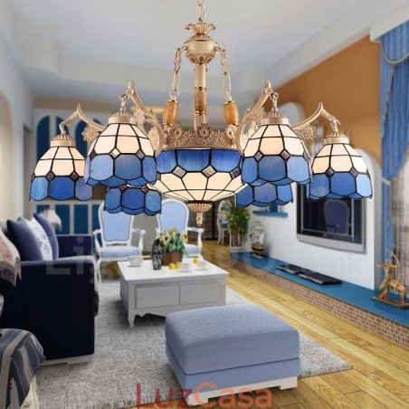 Lustre de metal integrado estilo mediterrâneo de 9 luzes com cúpula de vidro Lustre de metal integrado estilo mediterrâneo de 9 luzes com cúpula de vidro