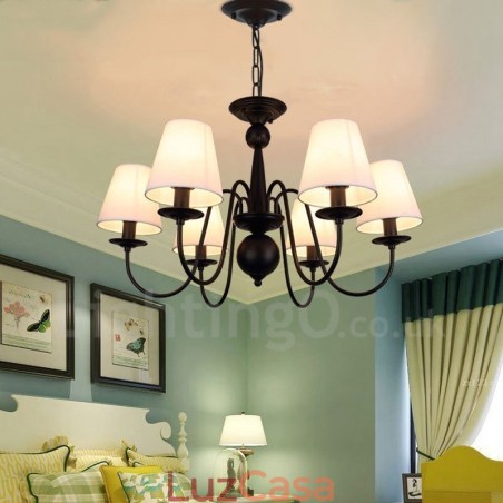 Lustre de metal integrado rústico de 6 luzes com cúpula de tecido