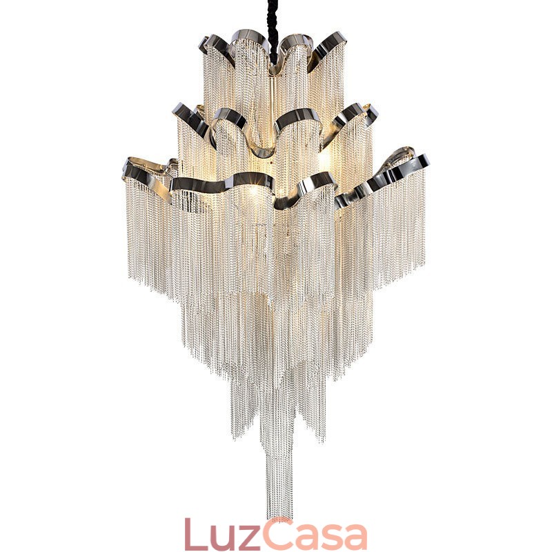 Lustre de alumínio com pingente de designer, cor prata, escada em espiral