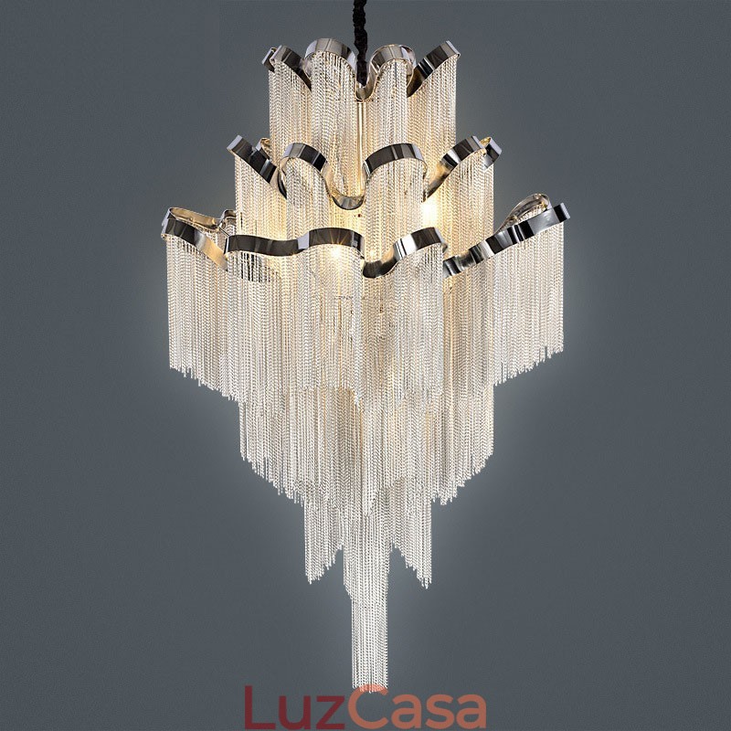 Lustre de alumínio com pingente de designer, cor prata, escada em espiral