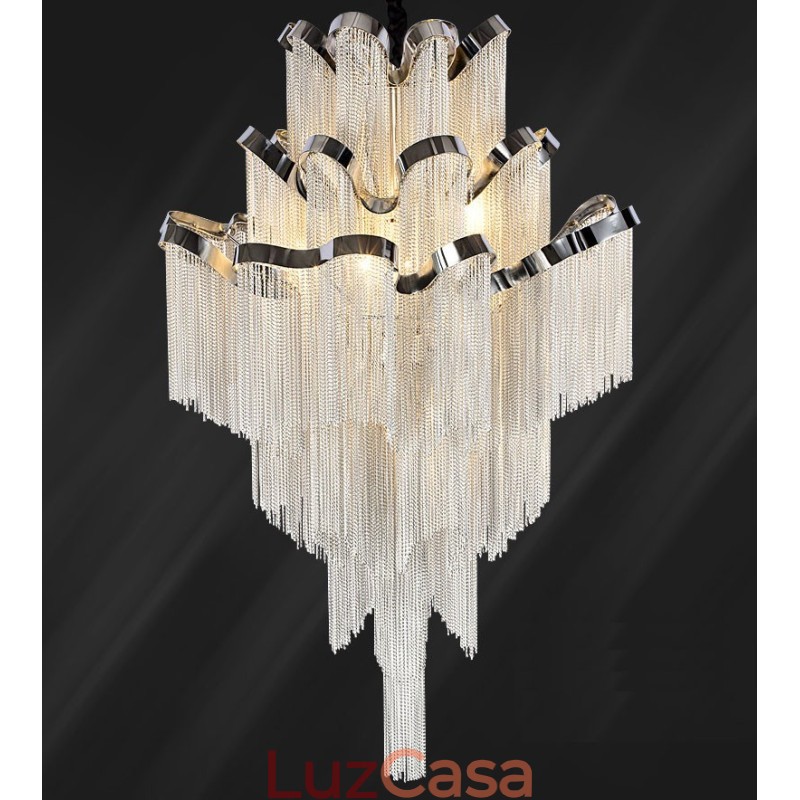 Lustre de alumínio com pingente de designer, cor prata, escada em espiral