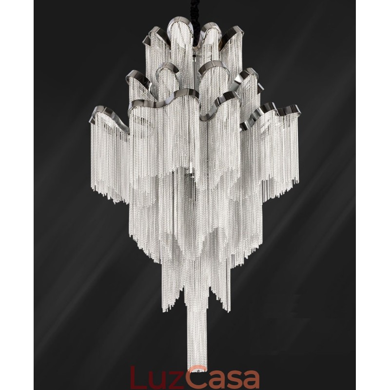 Lustre de alumínio com pingente de designer, cor prata, escada em espiral
