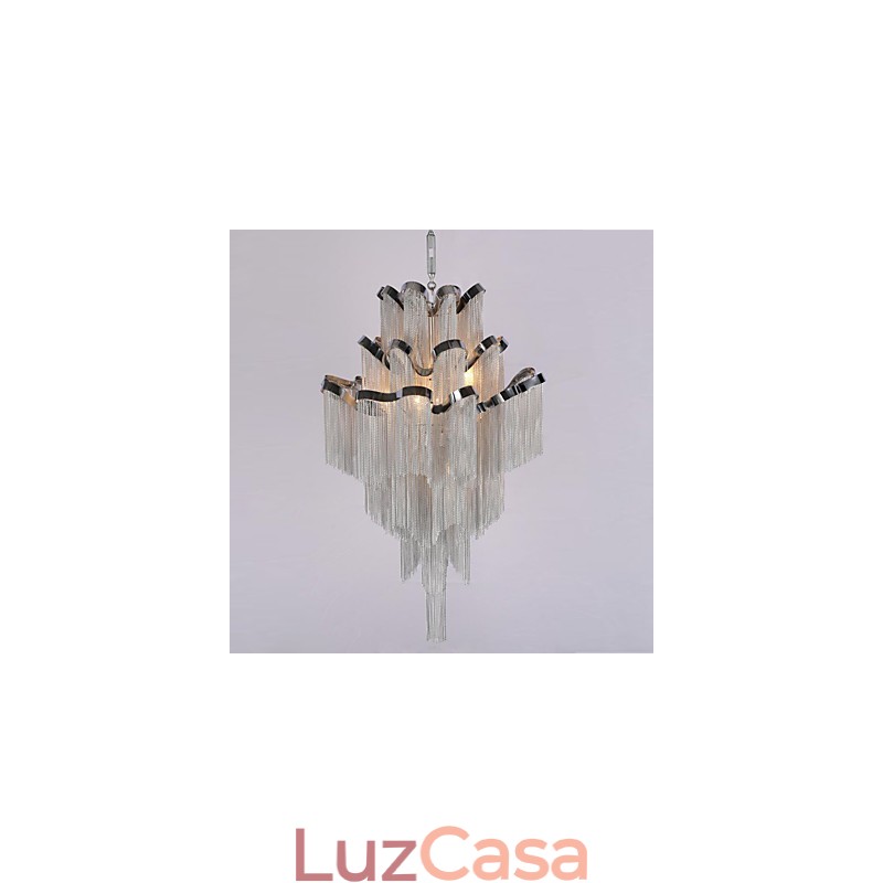 Lustre de alumínio com pingente de designer, cor prata, escada em espiral