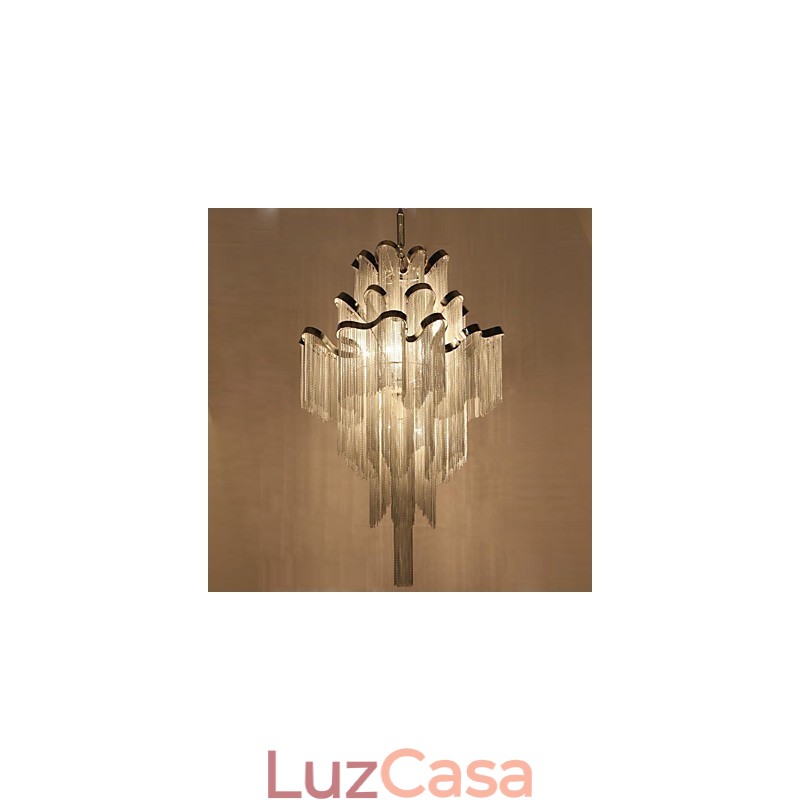 Lustre de alumínio com pingente de designer, cor prata, escada em espiral