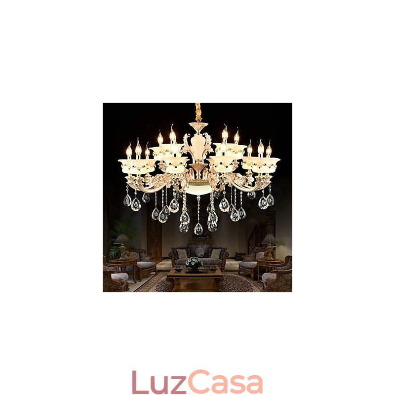 Recurso de liga de zinco clássico tradicional para estilo mini cristal metal jardim interno 15 lâmpadas lustre