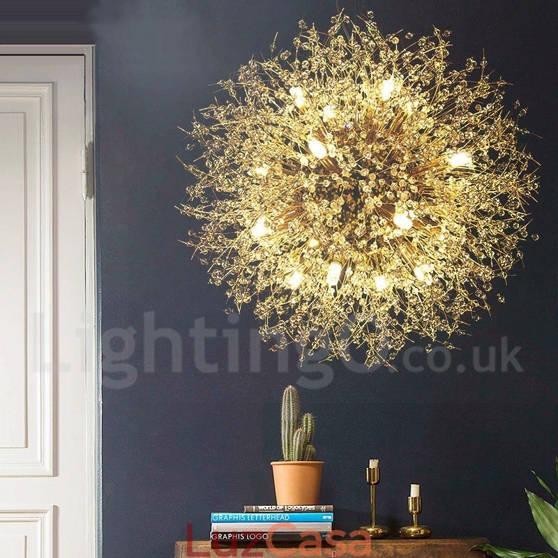 Lustre de metal com cristal e detalhes cromados em formato de dente-de-leão, globo de fogos de artifício