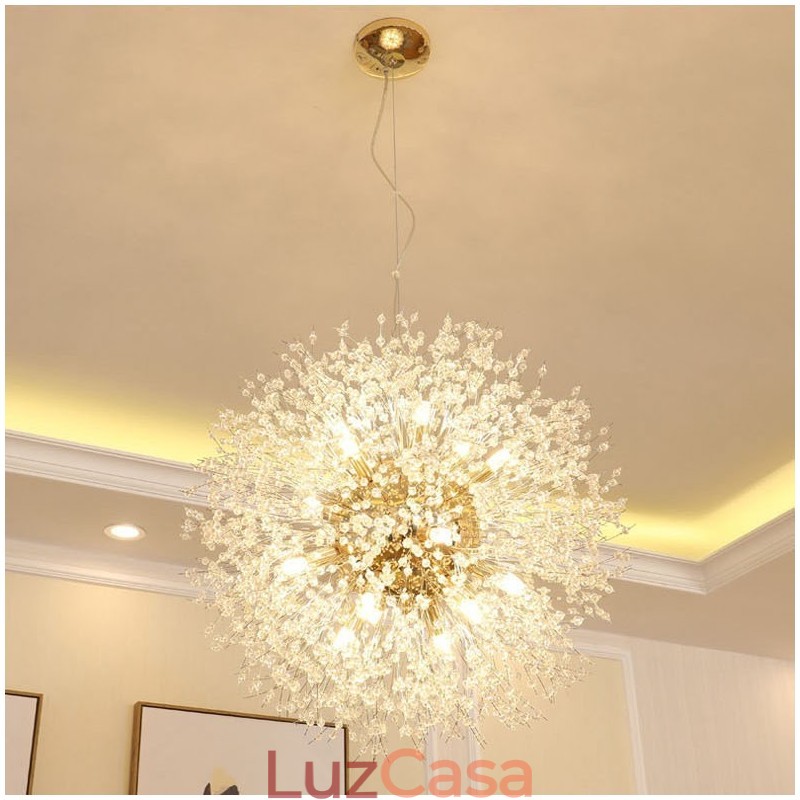 Lustre de metal com cristal e detalhes cromados em formato de dente-de-leão, globo de fogos de artifício