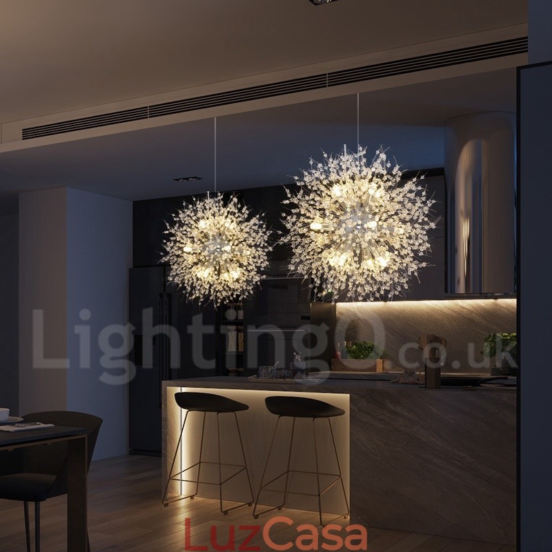 Lustre de metal com cristal e detalhes cromados em formato de dente-de-leão, globo de fogos de artifício
