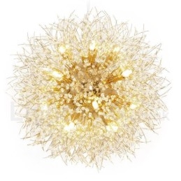 Lustre de metal com cristal e detalhes cromados em formato de dente-de-leão, globo de fogos de artifício