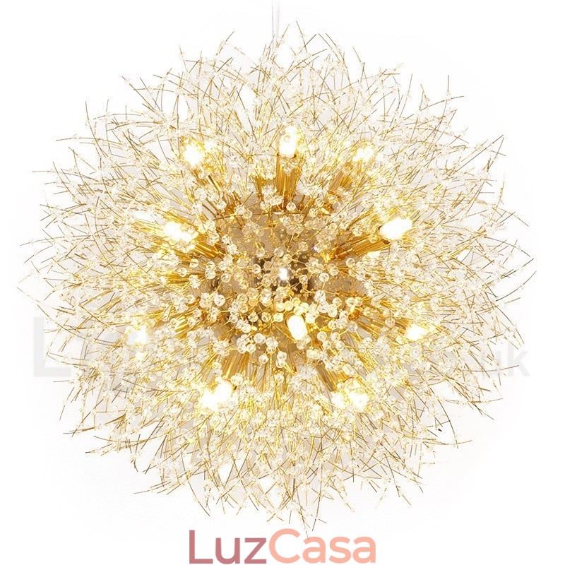 Lustre de metal com cristal e detalhes cromados em formato de dente-de-leão, globo de fogos de artifício