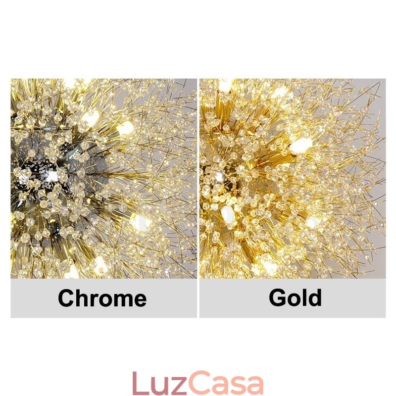Lustre de metal com cristal e detalhes cromados em formato de dente-de-leão, globo de fogos de artifício